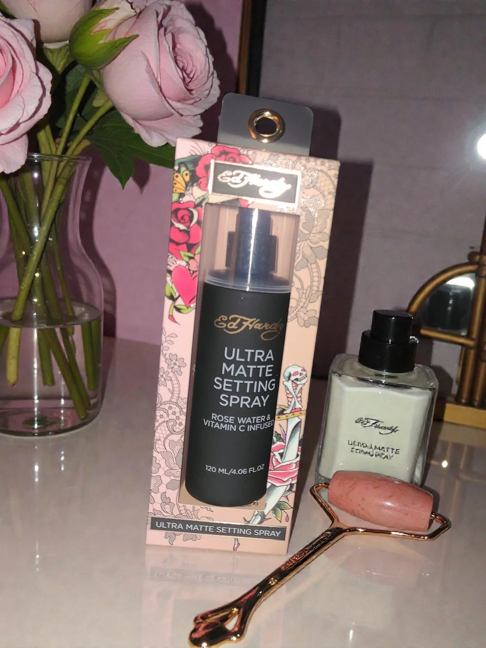 Ed Hardy Ultra Matte Setting Spray in Pink Floral Packaging